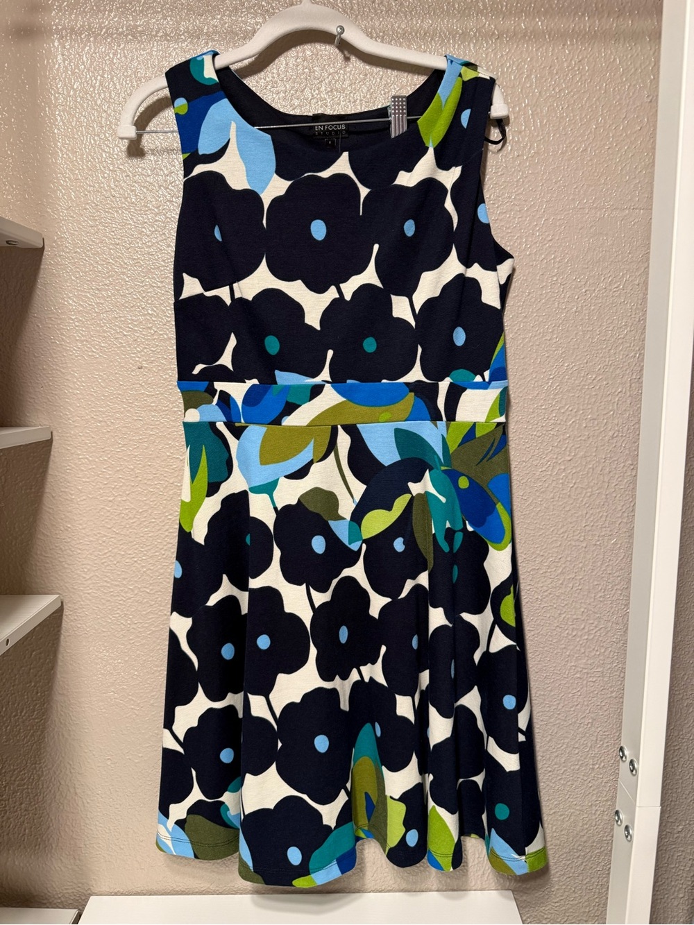 Enfocus Studio Navy Floral Midi Dress with Blue, Green, and Cream